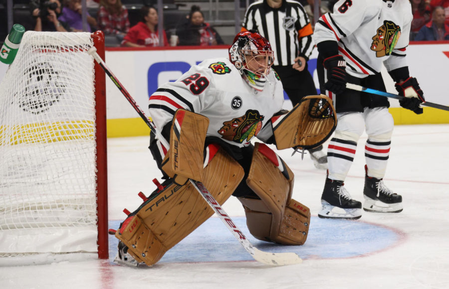 DETROIT, MICHIGAN - OCTOBER 04: Marc-Andre Fleury #29 of the Chicago Blackhawks plays against the Detroit Red Wings during a preseason game at Little Caesars Arena on October 04, 2021 in Detroit, Michigan. (Photo by Gregory Shamus/Getty Images)